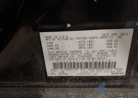 2012 Mitsubishi Galant Es/Se из США, поврежденный, VIN 4A32B3FF4CE022278